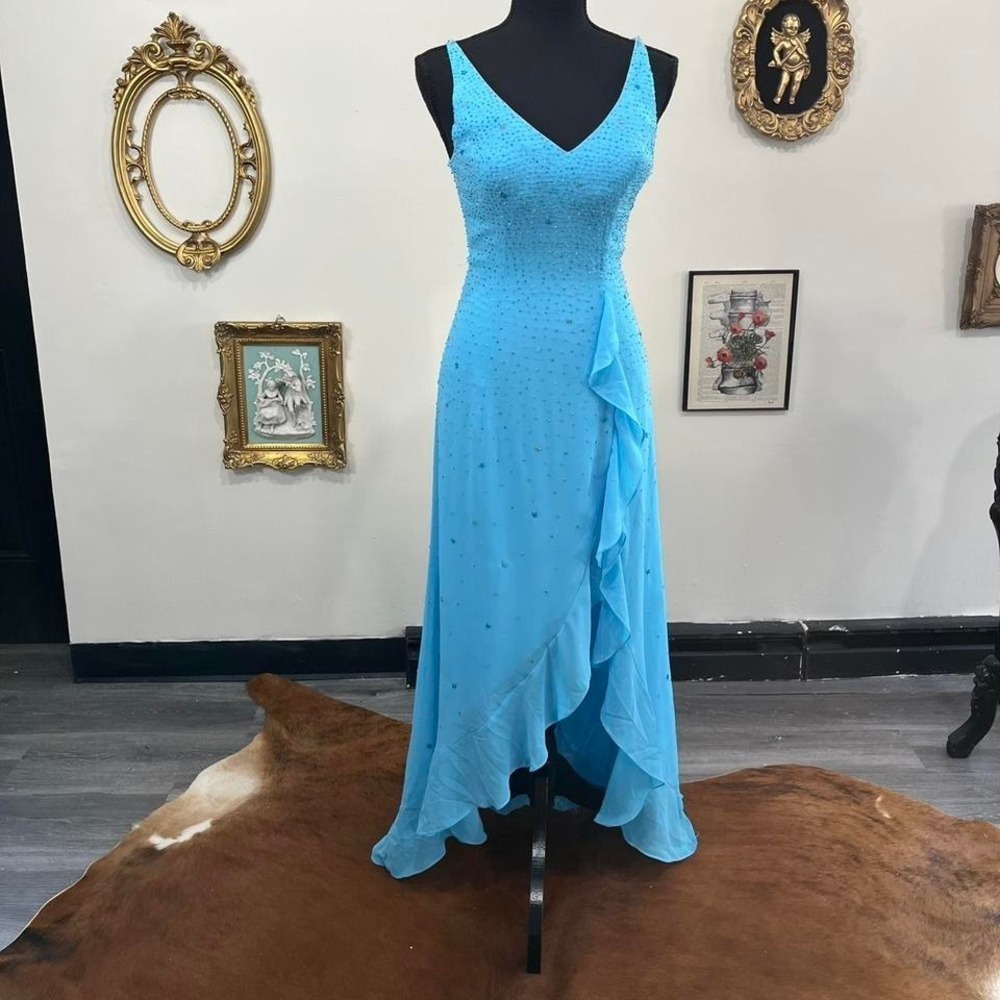 y2k Vintage Beaded Sky Blue Formal Gown with Open Back